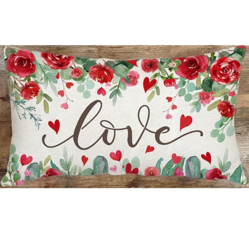 Floral Pillow Cover Valentines Day Decor Decorative Heart Accent Throw Case 20" - Picture 3 of 4